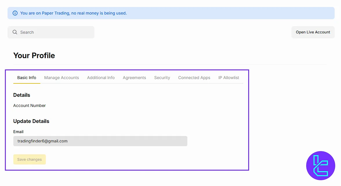 Alpaca profile section with security and account management options on the dashboard