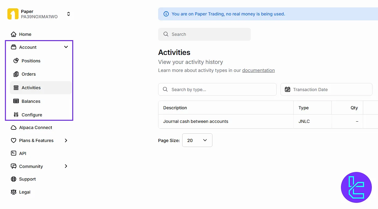 Alpaca account section showing positions, orders, activities, balances, and config on the dashboard
