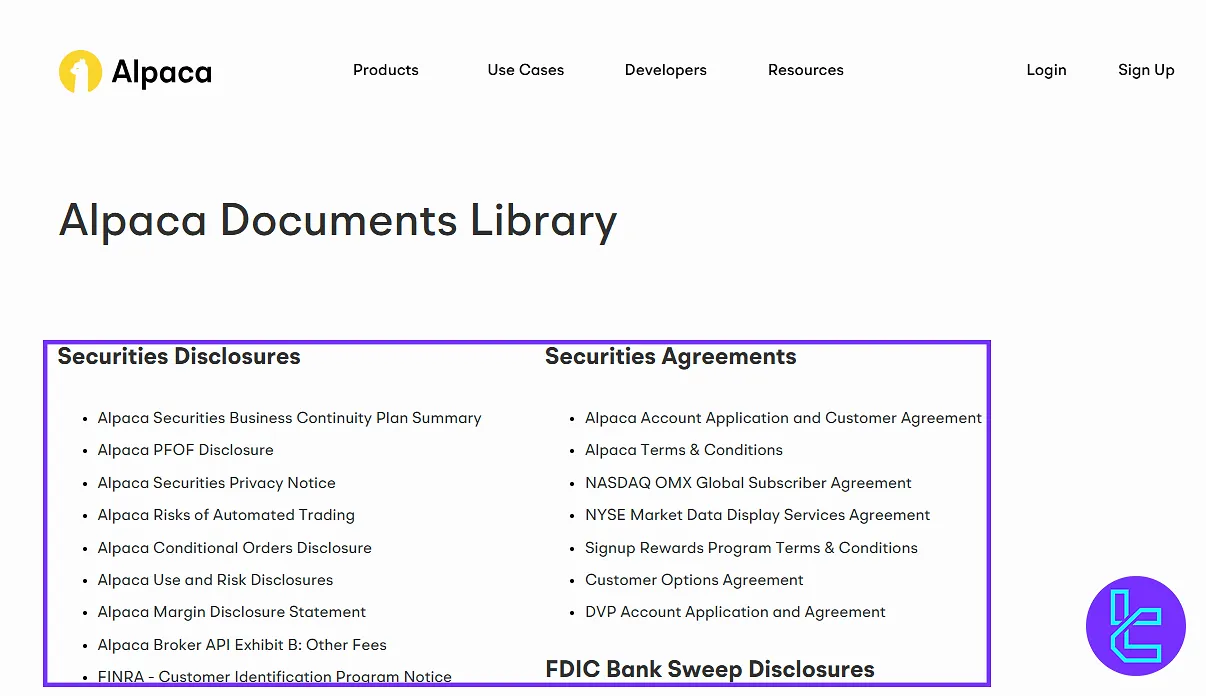 Alpaca cabin legal section containing privacy policies and user agreements