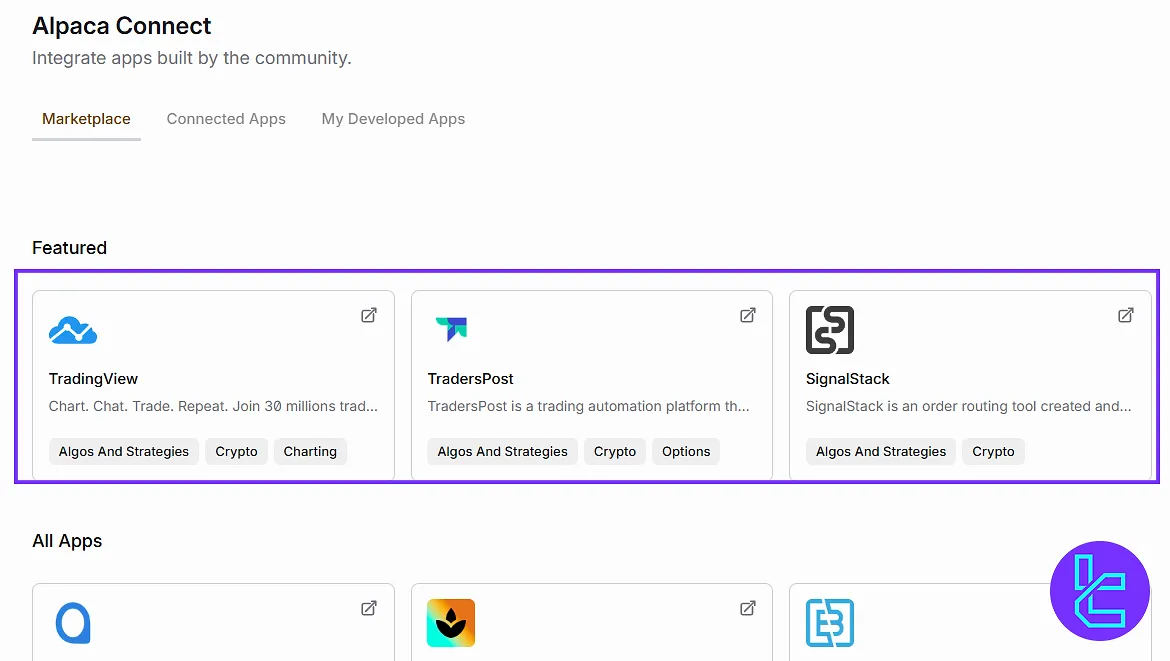 Alpaca Connect section for linking external trading platforms from user panel