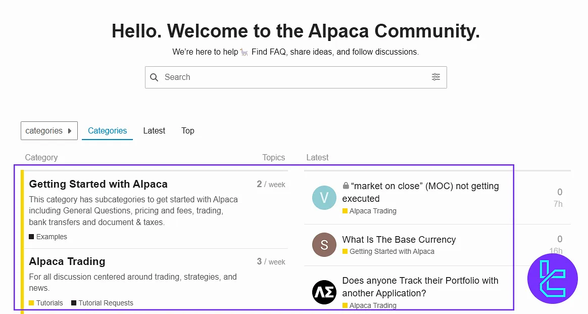 Alpaca user panel community section including social channels and forums