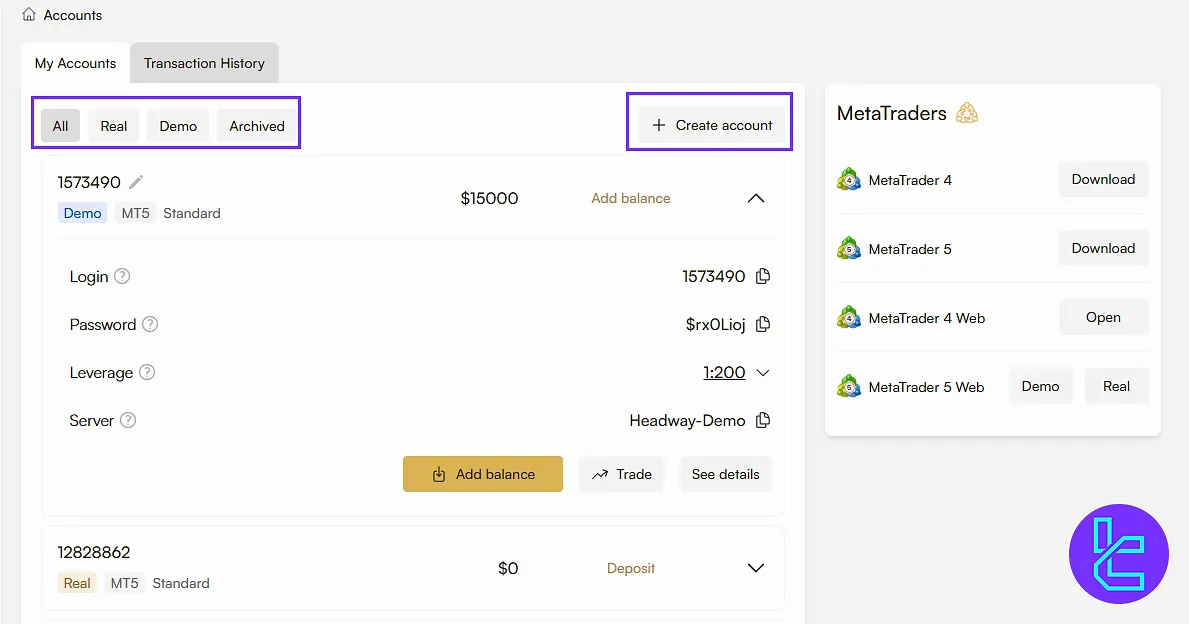 Account creation on the Headway client area