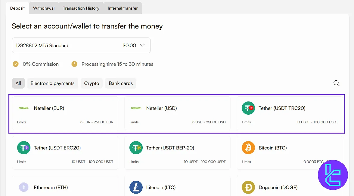 Deposit page on the Headway client portal