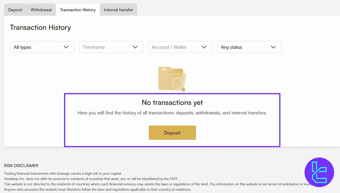 Transaction history on the Headway client area