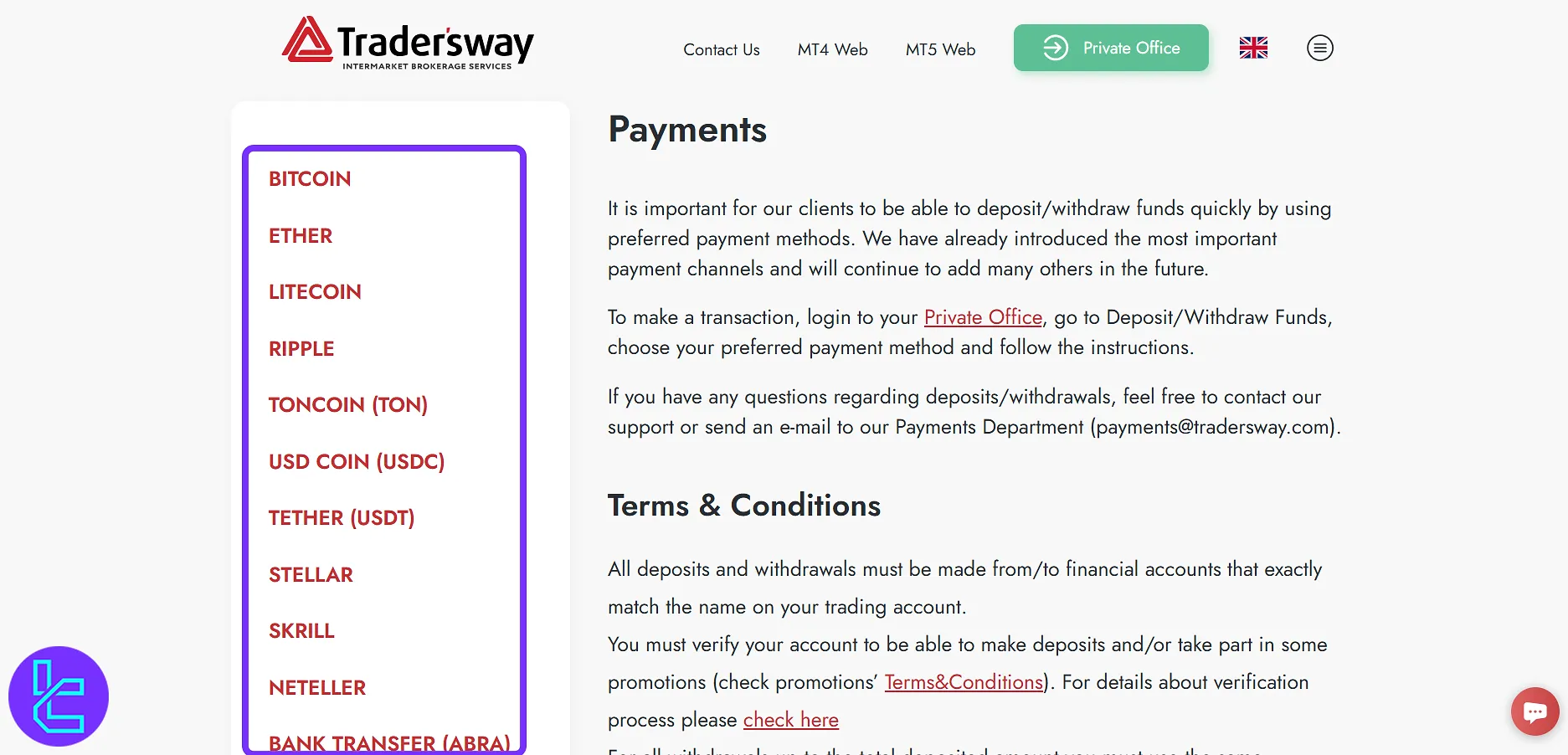 TradersWay payment options