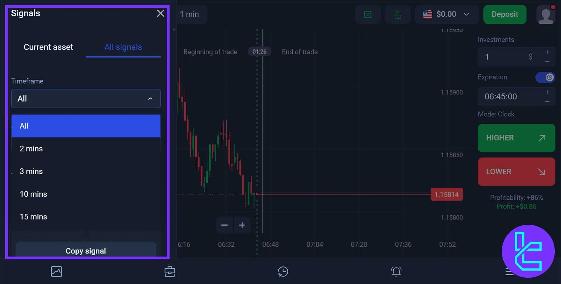 Binolla signals and timeframe selection menu