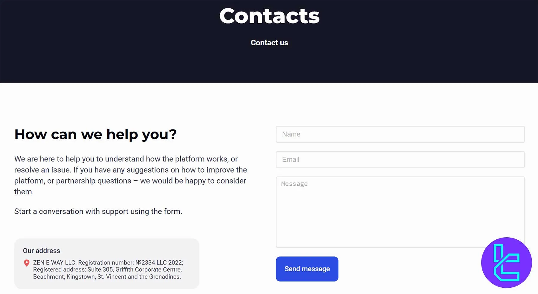 Binolla contact page with support form and company address details