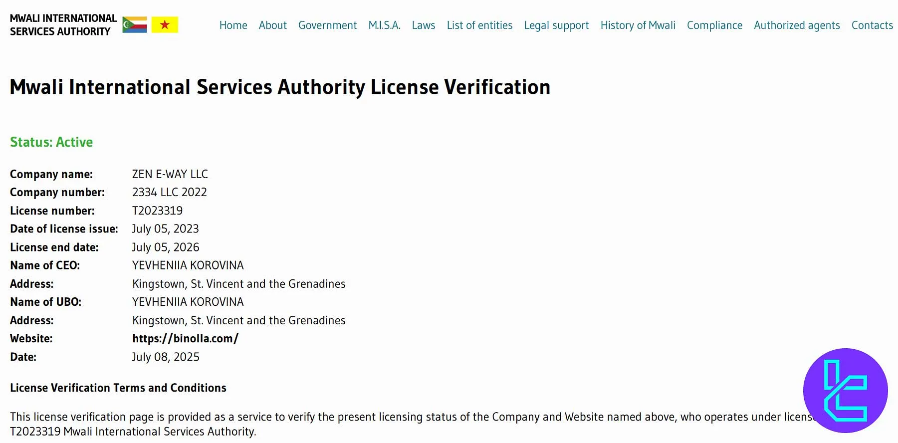 Binolla regulatory license and trading platform overview under MISA