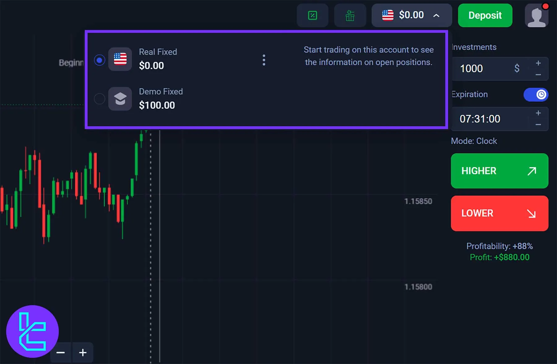 Binolla Real and Demo account types