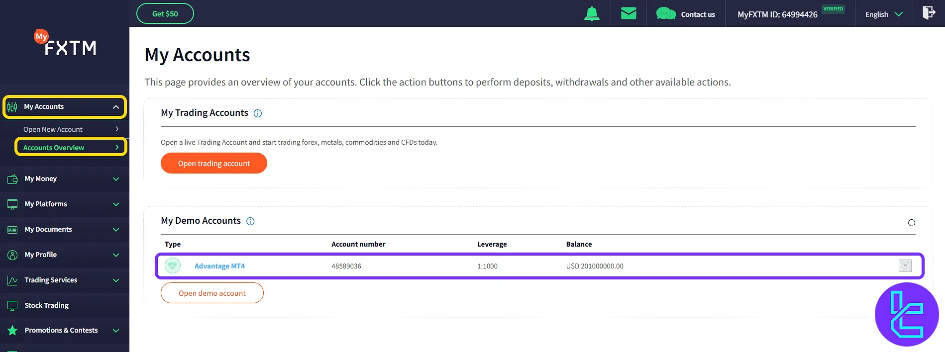 FXTM account overview and creation shortcuts