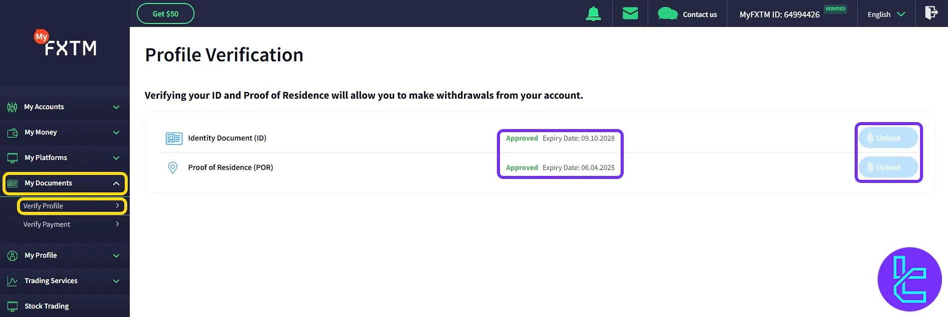 FXTM verification tools and document upload in the trading panel