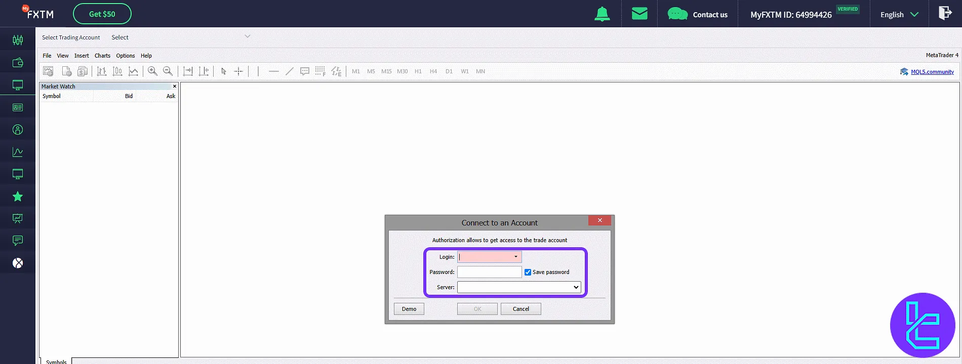 FXTM WebTrader login credentials form in the panel