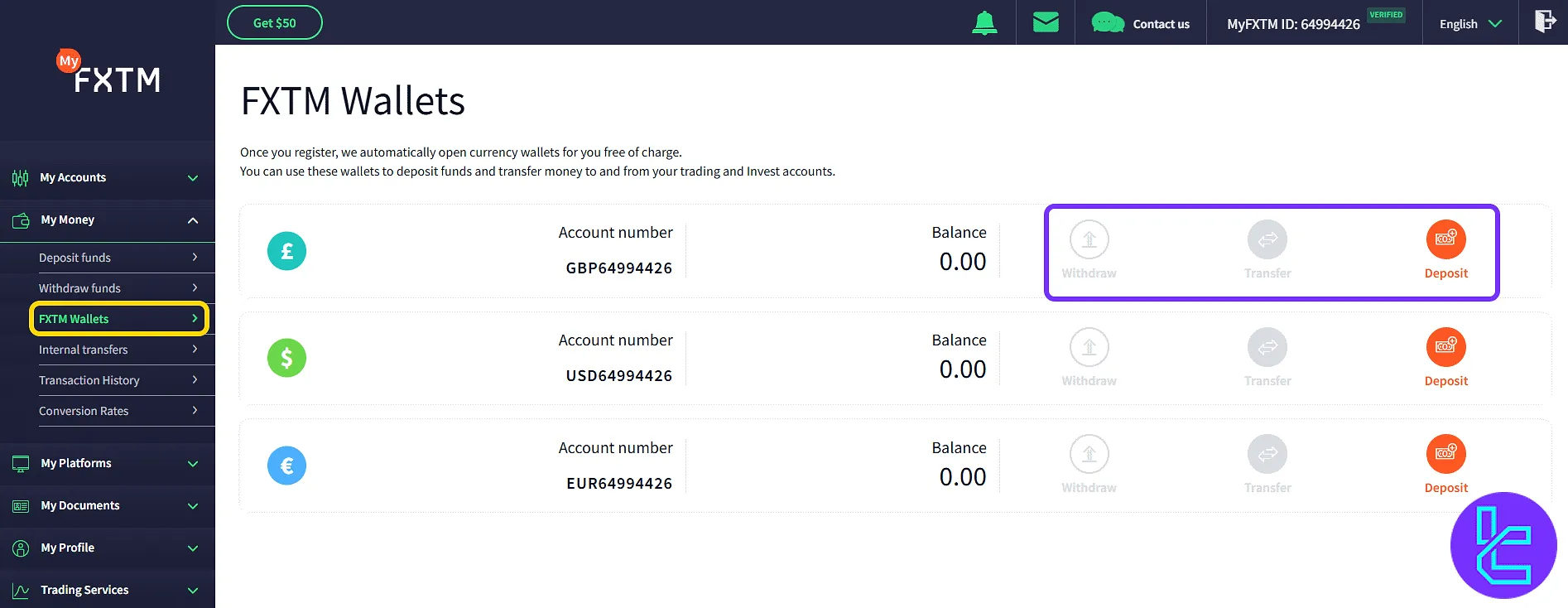 FXTM wallet list with action buttons in the dashboard