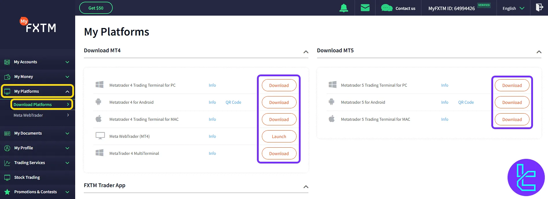 FXTM platform download panel for MT4/MT5 in the