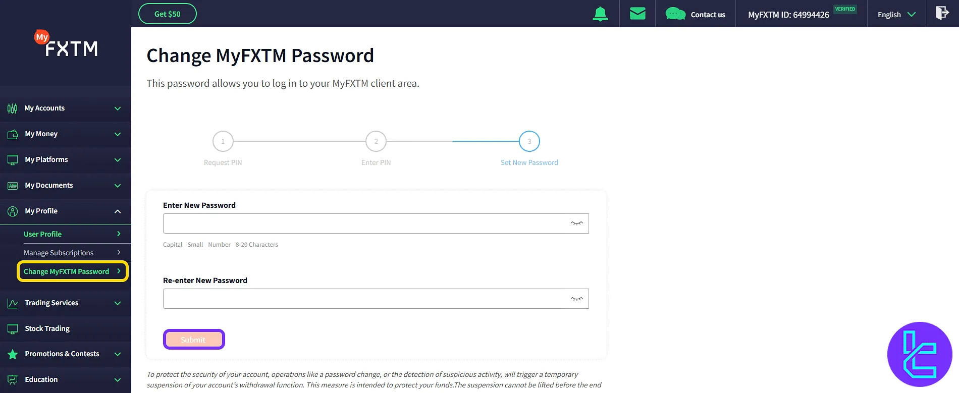 FXTM password update form in the trading cabin
