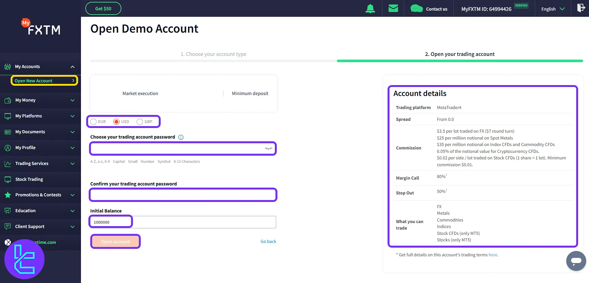 FXTM new trading account form interface in the panel