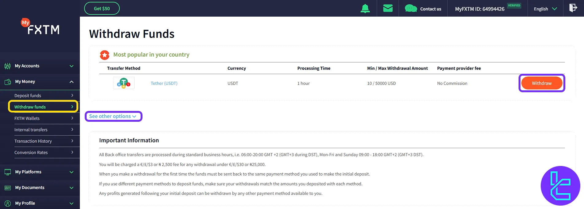 FXTM withdrawal page with methods and limits in the panel