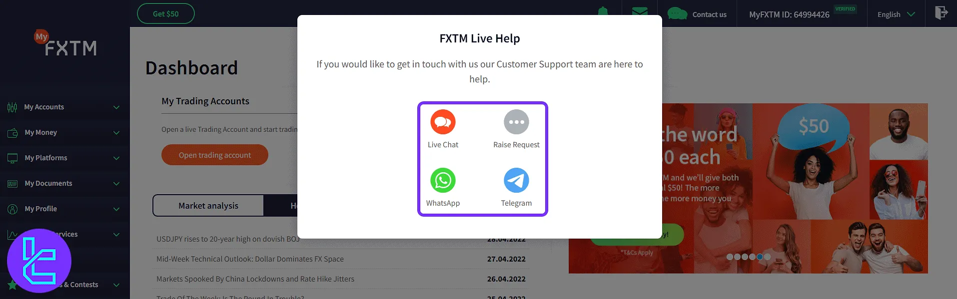 FXTM panel support options pop-up window