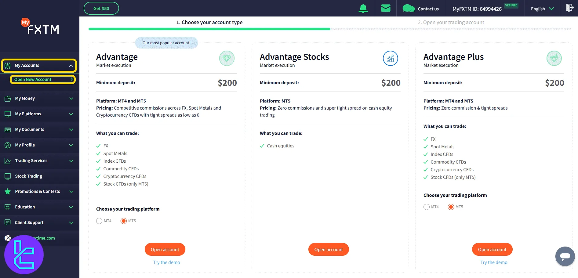 FXTM account type selection for demo/live setup in the trading panel