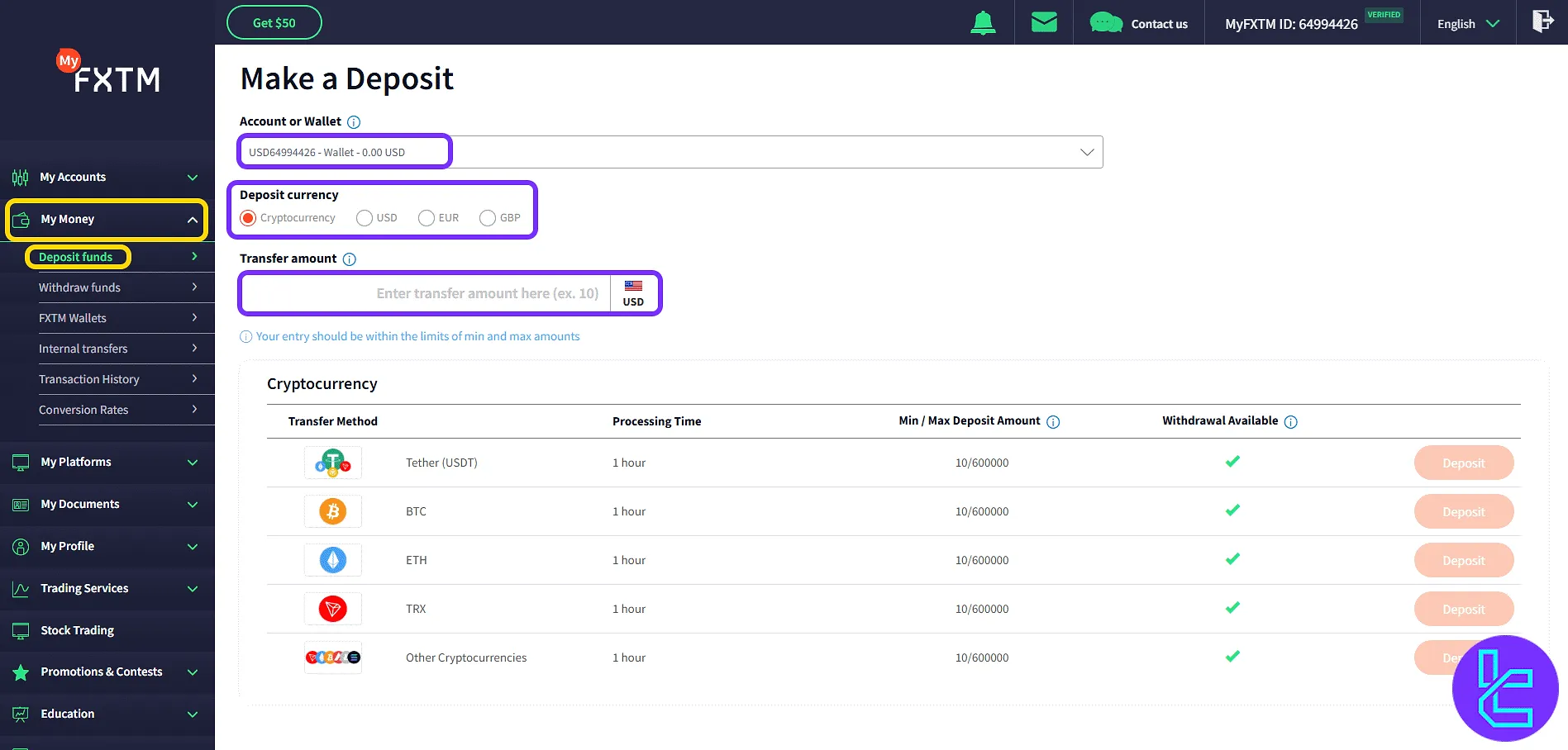 FXTM funding options in the payment form of the trading cabinet