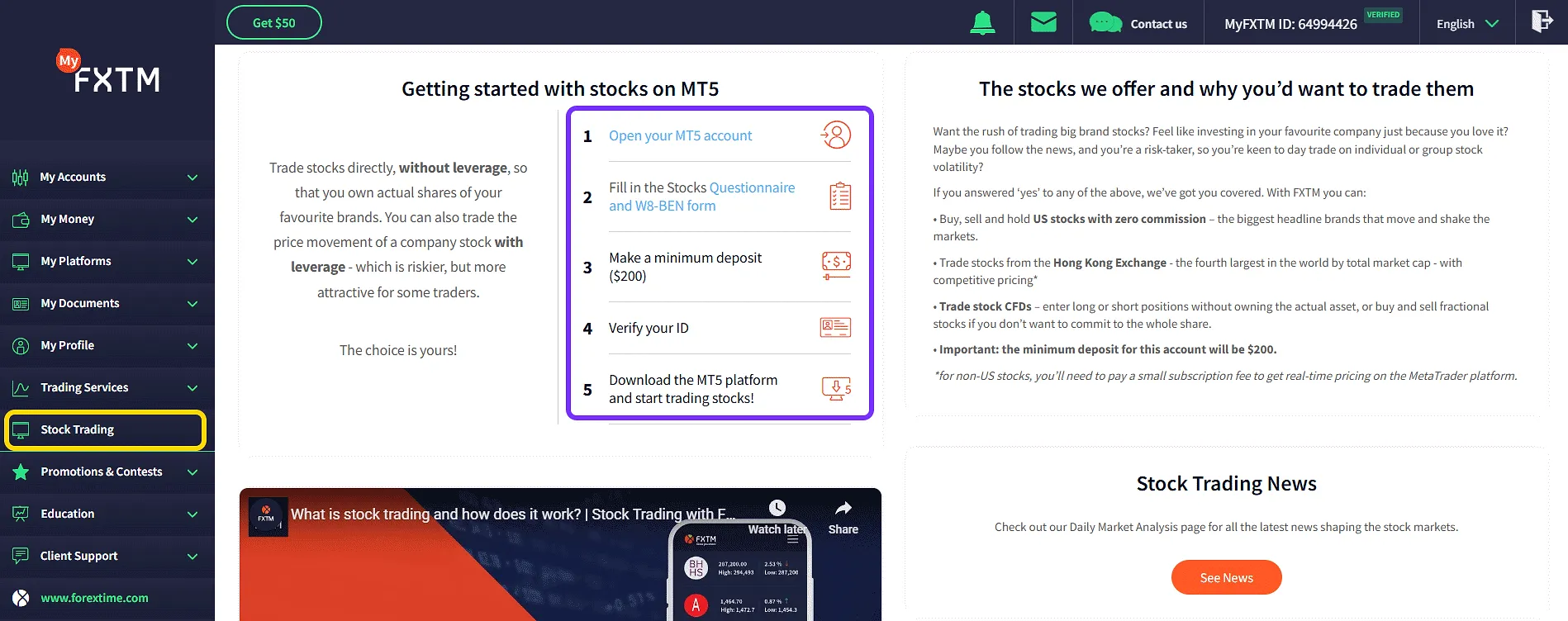 FXTM stock market trading setup steps in the dashboard