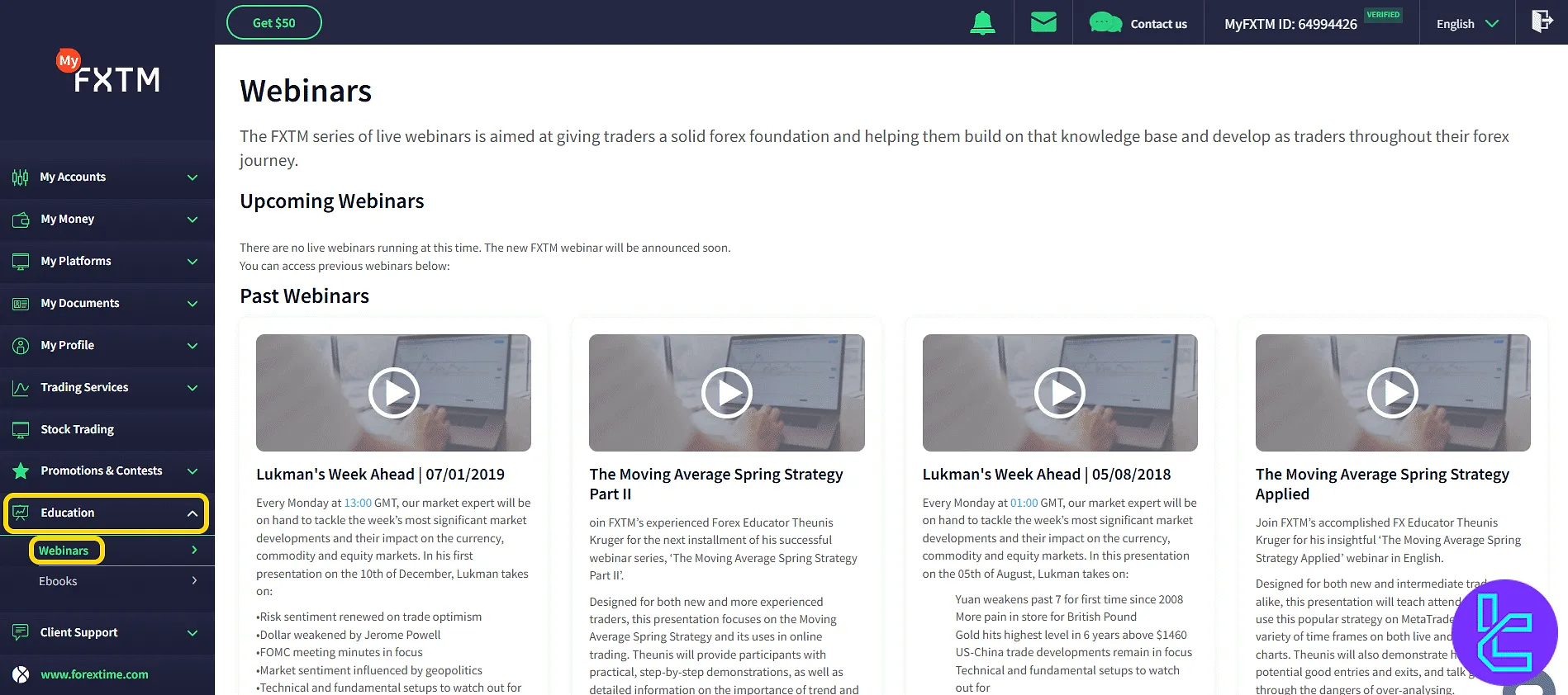 FXTM educational center with webinars and guides in the panel