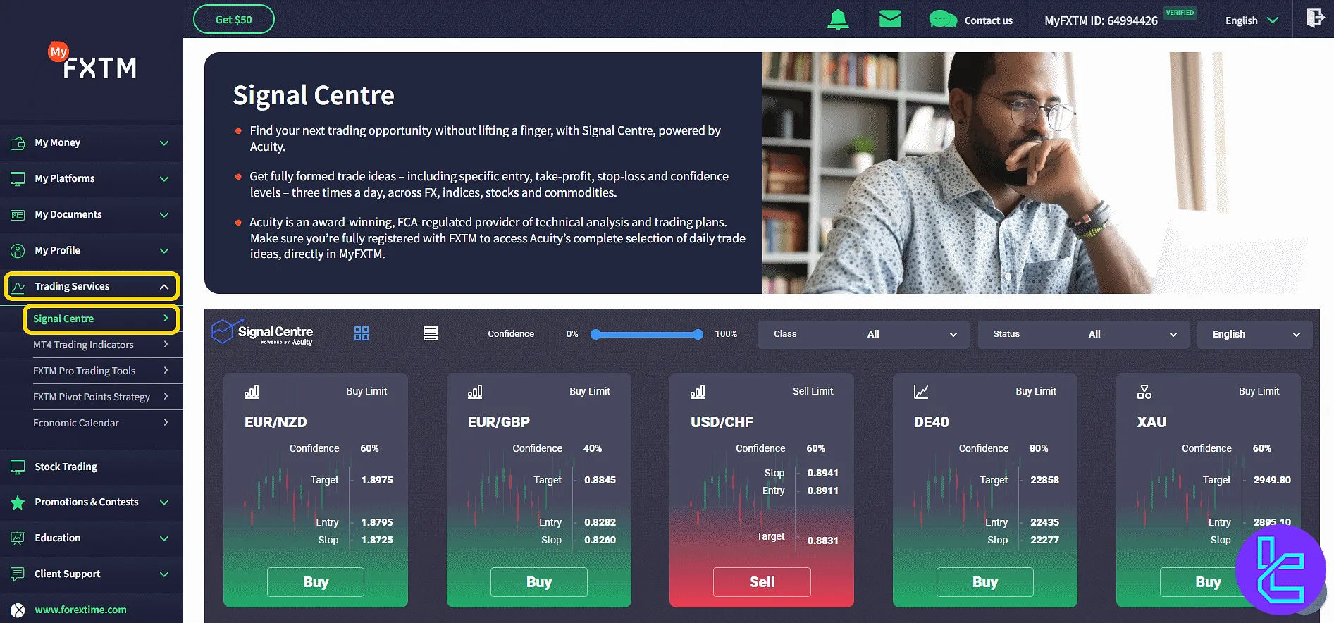 FXTM signal panel filters and trade suggestions