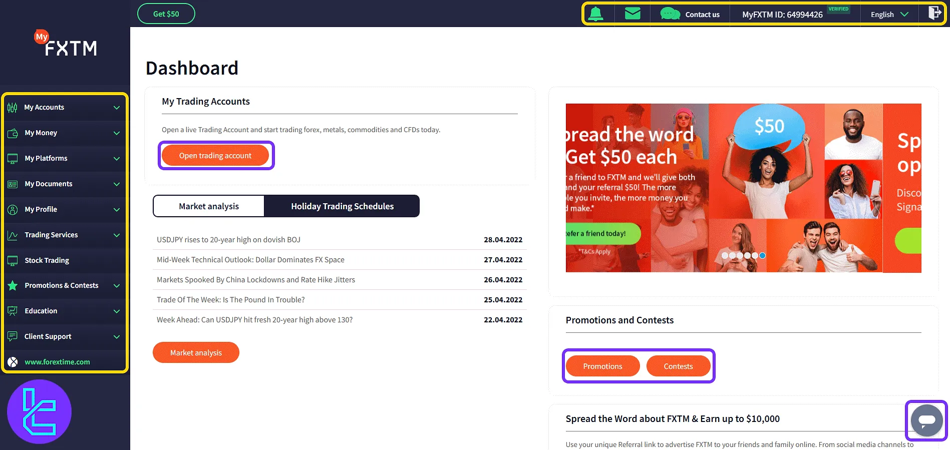 FXTM trading cabin homepage with menu, shortcuts, and support tools