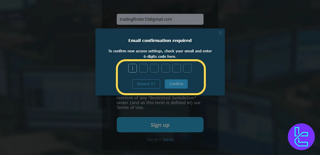 HitBTC signup verification code entry screen