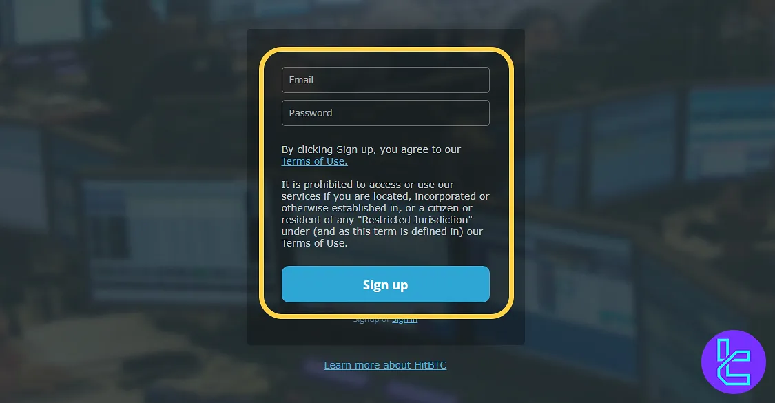 HitBTC account setup email and password input fields