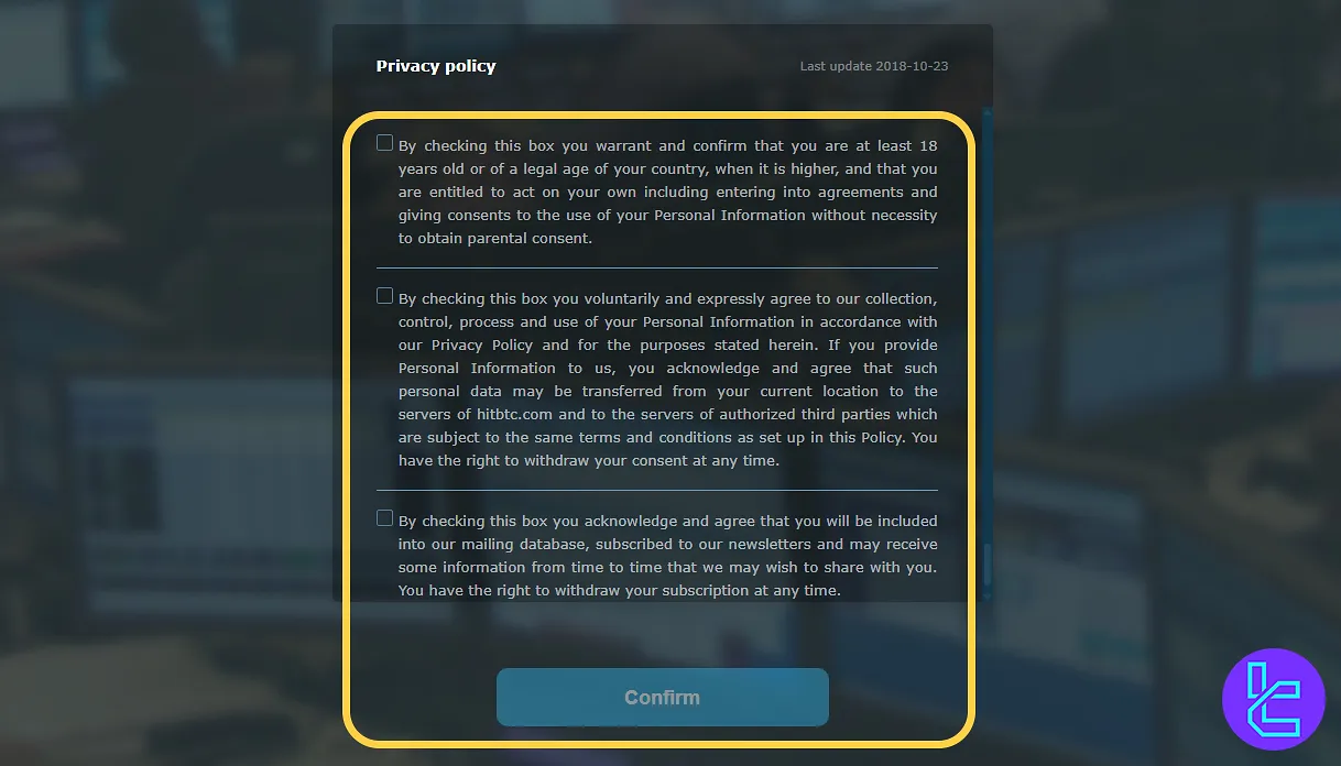 HitBTC account setup agreement checkbox interface