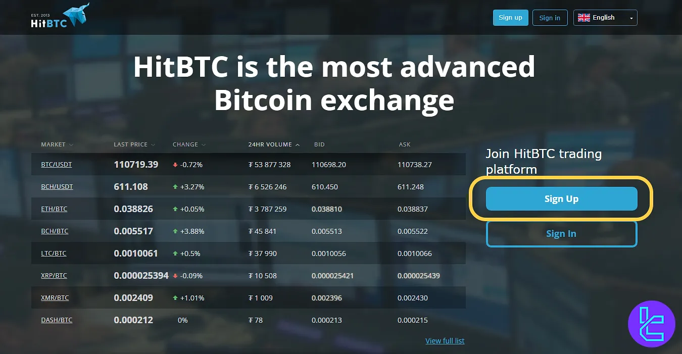 HitBTC sign-up page