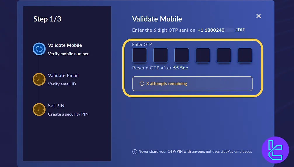 ZebPay signup OTP verification on mobile