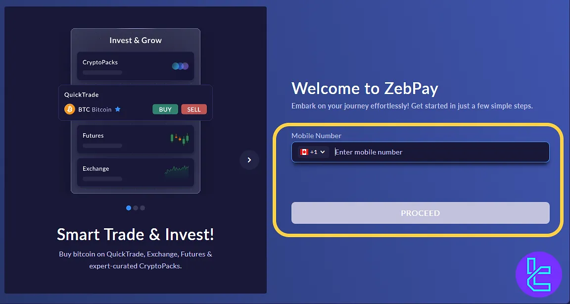 Enter mobile number for ZebPay account setup