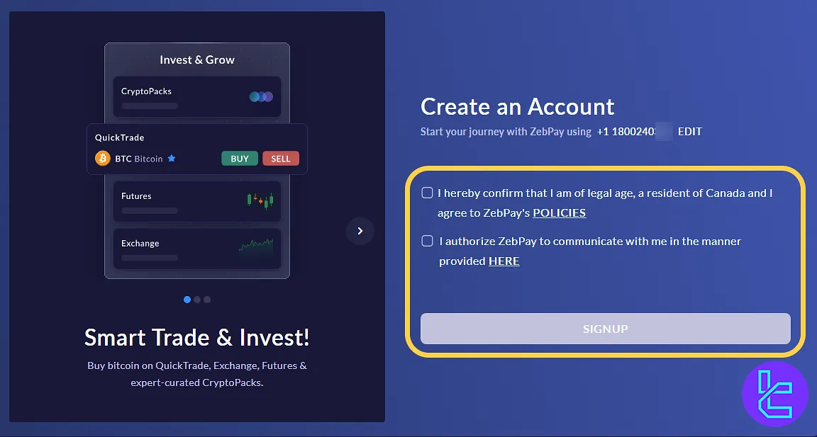 ZebPay signup agreement boxes terms and conditions