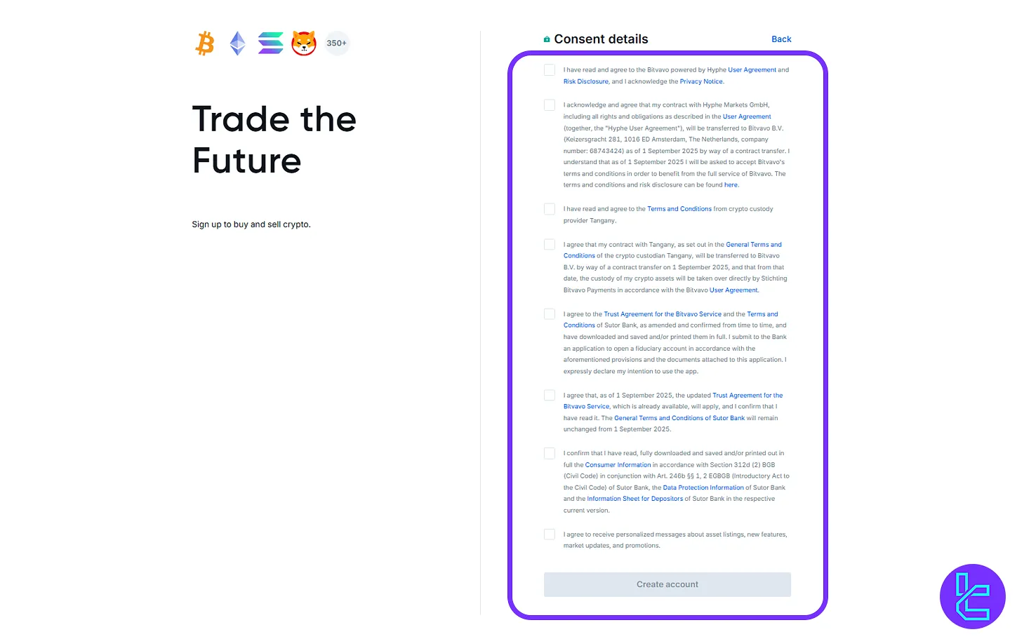 Agree to Bitvavo terms during account setup