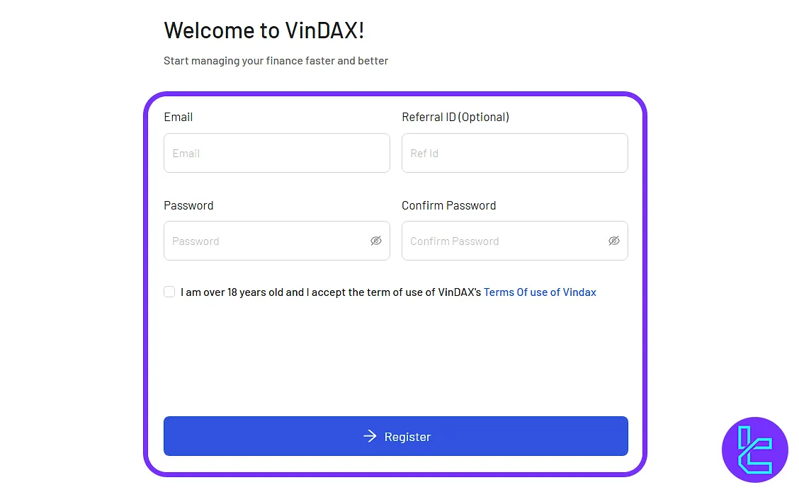 VinDAX account setup email input step