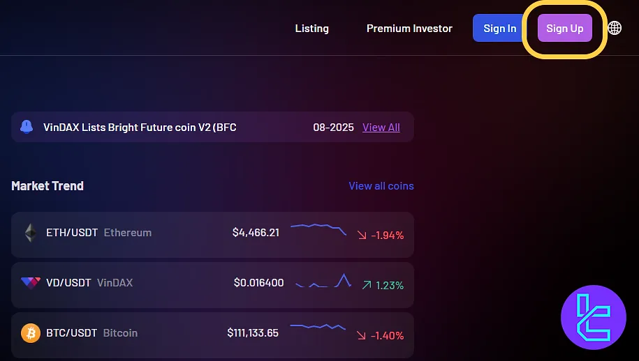 VinDAX signup form