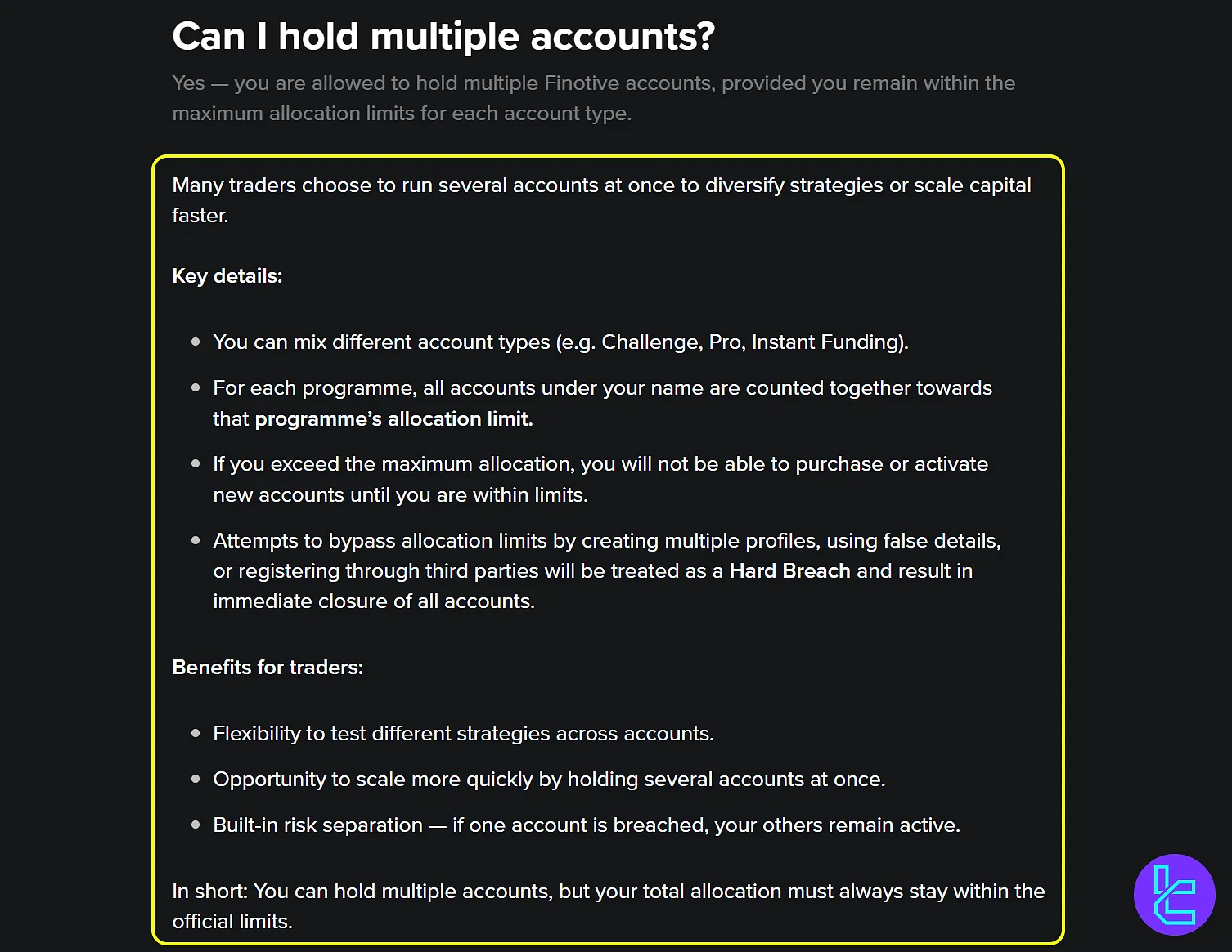 تعداد حساب‌های مجاز پراپ فرم فینوتیو فاندینگ