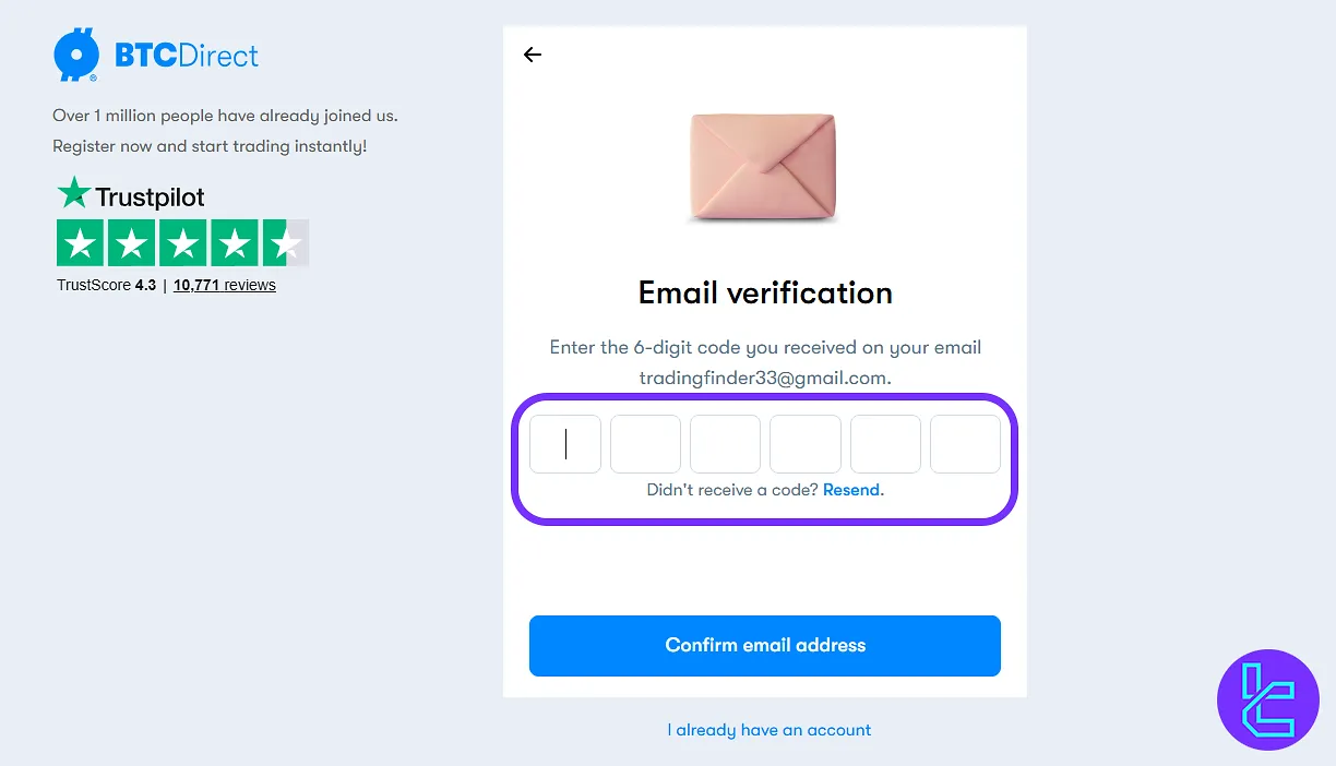 Email verification for BTC Direct account setup