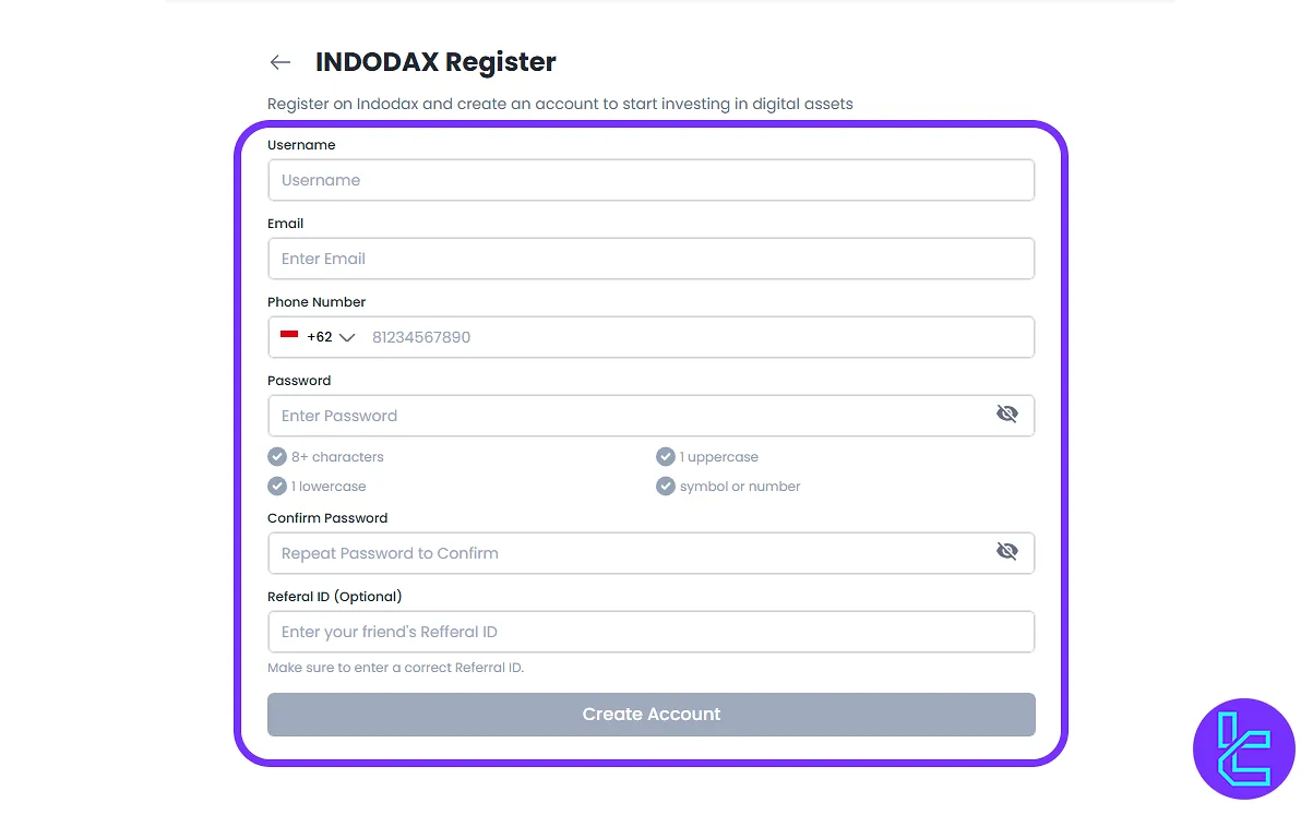Indodax signup form showing username, Email, and phone fields