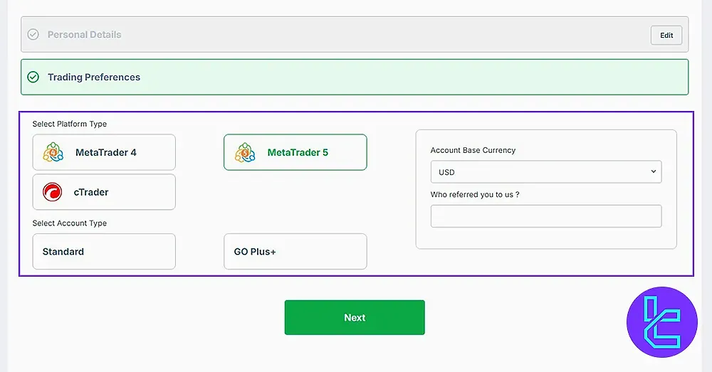 GO Markets Trading Preferences Selection