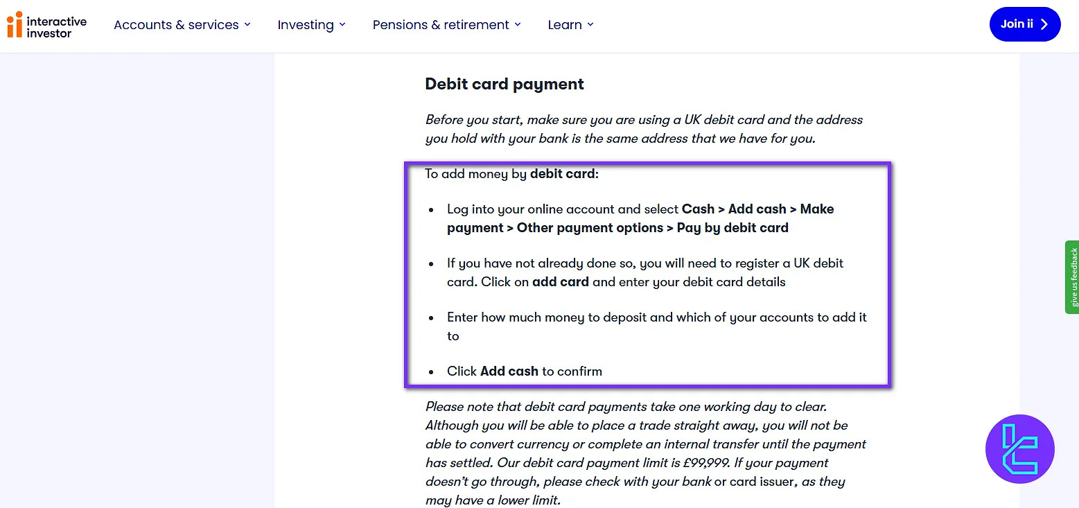 Interactive Investor debit card payment