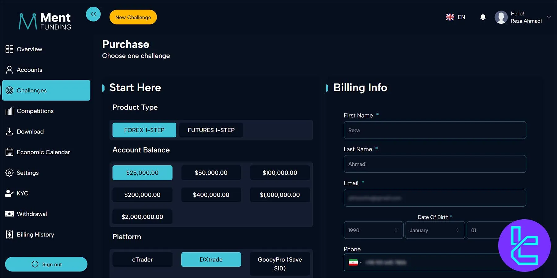 داشبورد کاربری منت فاندینگ با بخشهای چالش، حساب و برداشت سود