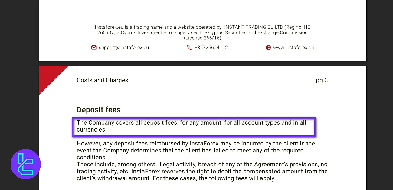 InstaForex EU deposit fee
