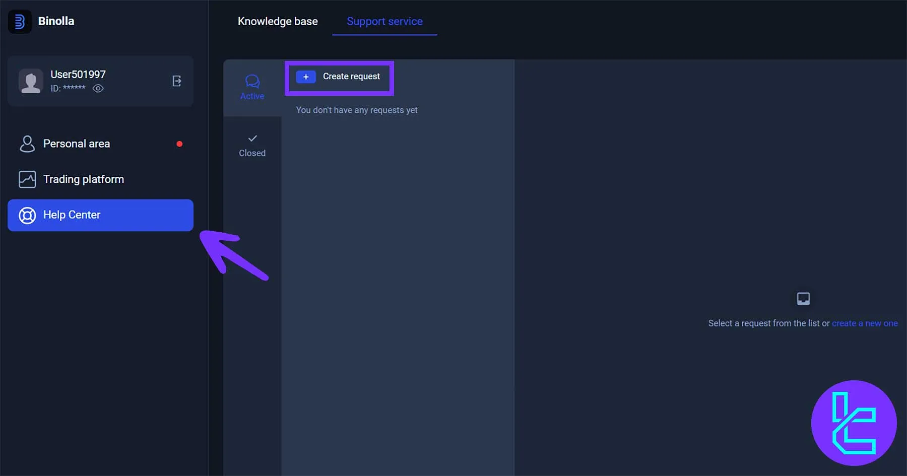 Binolla Help Center and customer support request screen