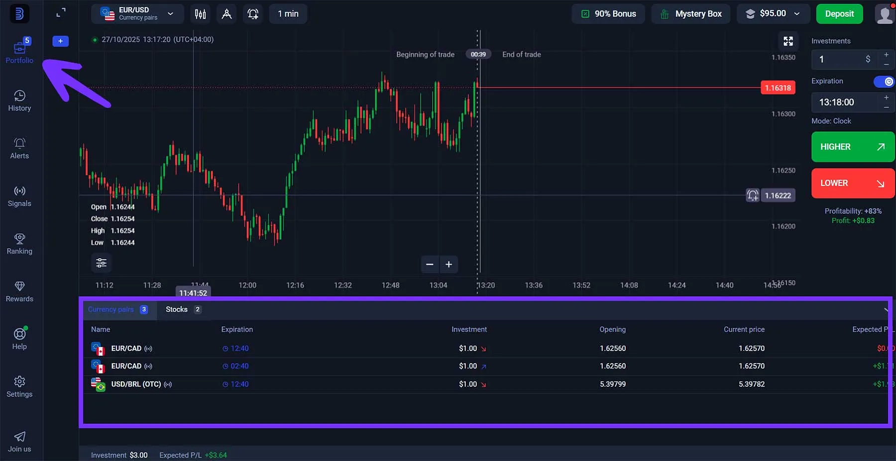 Binolla Portfolio overview with open trades list