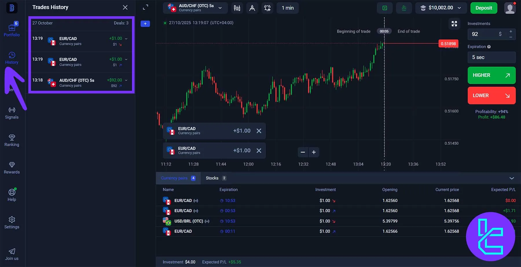 Binolla trade history menu with past results
