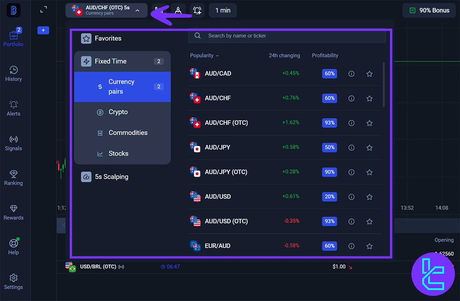 Binolla asset selection interface showing EUR/USD and other major pairs