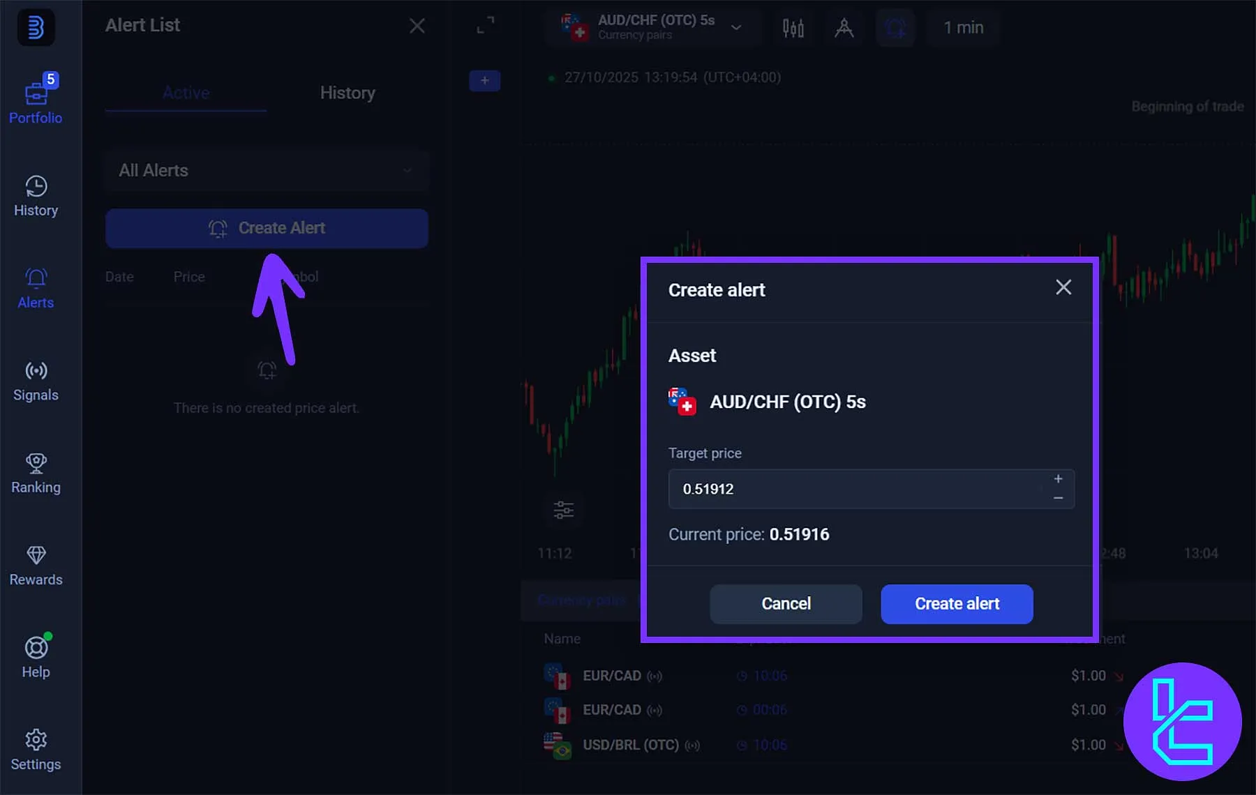 Binolla price alert creation window